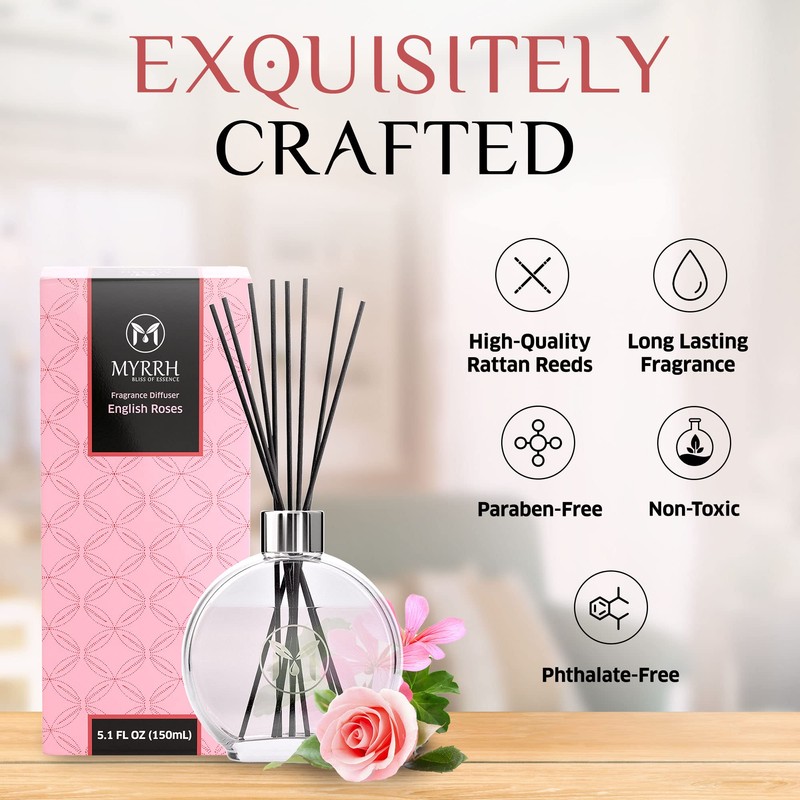 English Roses Scented Reed Diffuser Set with 8 Rattan Diffuser