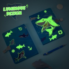 WERNNSAI Kids Diary Set for Boys, Luminous Shark Diary with Lock and Keys, Shark Journal for Boys, Birthday Gift Set with Pen and Stickers