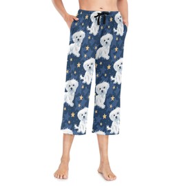 Fustylead Cute Cartoon Maltese and Stars Women's Capri Pajama Pants Lounge Causal Bottoms XXL