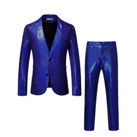 ZEROYAA Men's 70s Disco Suits Metallic Shiny Sequin Outfits Blazer and Pants Set Dance Party Costume Royal Blue XX-Large
