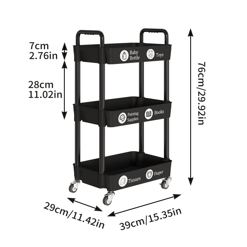 Laiensia 3-Tier Storage Carts,Multifunction Utility Rolling Cart Kitchen Storage Organizer,Mobile