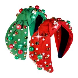 Christmas Headbands for Women Pearl Rhinestone Knot Headband Xmas Crystal Jeweled Hair Band Bow Wide Top Knotted Headband Christmas Hair Accessories Holiday Party Outfits(Pearl Rhinestone)