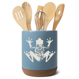 Elanze Designs Floral Frog Flowers Arrangement Toad Ceramic Cork Bottom Sky Blue Large Capacity Utensil Holder Crock for Countertop Storage, Stylish & Durable for Spoons, Spatulas, and Cooking Tools