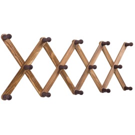 MyGift 14 Hook Burnt Brown Wood Wall Mounted Expandable Accordion Peg Coat and Hat Hanger Rack