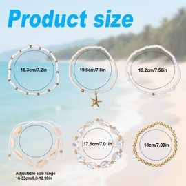 Mikovivi 6pcs Summer Beach Bracelets, Stackable Seashell Starfish Boho Women Elastic Beaded Bracelet Heishi Surfer Jewelry Decoration Accessories and Gifts for Summer Beach Vacation Party