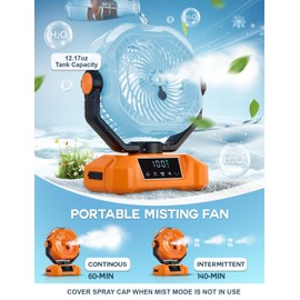 Vellrive Portable Misting Fan - 20000mAh Rechargeable Water Fan for Patios, Camping, Outdoor - 90° Auto Oscillation + 270° Manual Tilt - 5 Speeds, 3 Levels Lights, 8 Timer Modes, 23db Low Noise