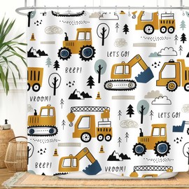 ZXMBF Construction Truck Shower Curtain Cartoon Excavator Vehicle Tractor Cars for Boys Kids Machinery Navy Blue Yellow Bathroom Decor Waterproof Fabric 72Lx72W Inch with Hooks