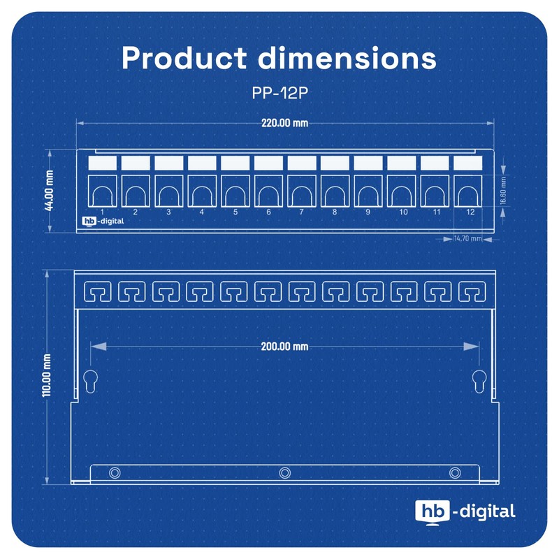 hb-digital 12-Port Patch Panel Housing for Keystone Modules with e.g.