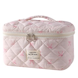uekeboag Large Travel Quilted Makeup Bag for Women, Floral Cotton Cosmetic Bag, Coquette Aesthetic Floral Toiletry Organizer Bag(18Small Pink Bow