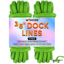 Dock Lines Boat Ropes for Docking 3/8" x15' Double Braided Mooring Marine Rope Boat Lines for Docking, Dock Lines for Boats with Loop, Grass Green 2 Pack