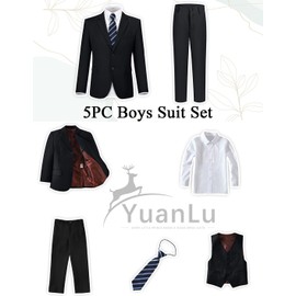YuanLu Boys Suits with Blazer Pants Vest Shirt and Tie Kids Suit for Wedding Size 5 Black