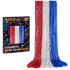 Huskein 12 PCS 4th of July Beads Necklaces, 33" Red Silver Blue Beaded Necklaces Bulk, Patriotic Round Beads, Independence Day Parade Suppliesfor Fourth of July Party Accessories Decorations Favors