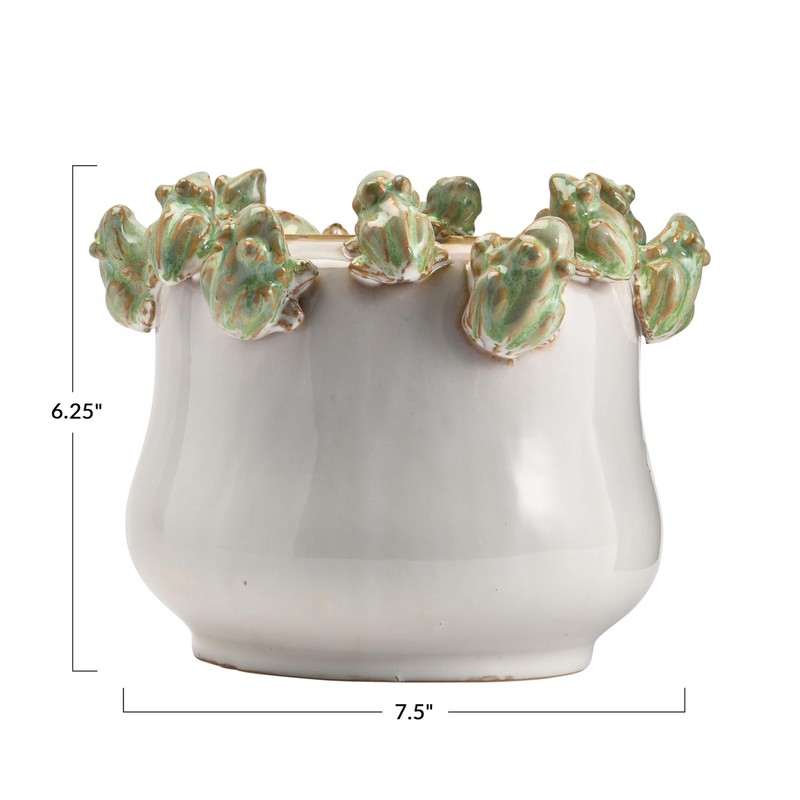Creative Co-Op Stoneware Planter with Frogs on Rim and Reactive