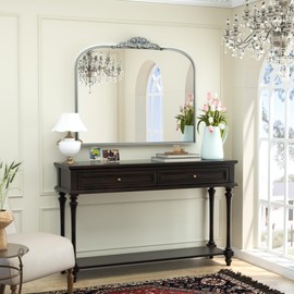 Keonjinn Arched Silver Wall Mirror, 30" x 36" Vintage Wall Mirror with Metal Frame, Traditional Antique Mirror, Decorative Baroque Mirror, Ornate Mirror for Hallway, Fireplace, French Cleat Mounting