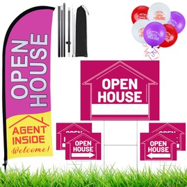 Buryeah Open House Signs Set (36 Pcs Total), 1 Pack Open House Flag with Pole Kit, 5 Pack Double Sided Open House Directional Arrows Signs with Metal Stakes and 30 Open House Balloons (Purple)
