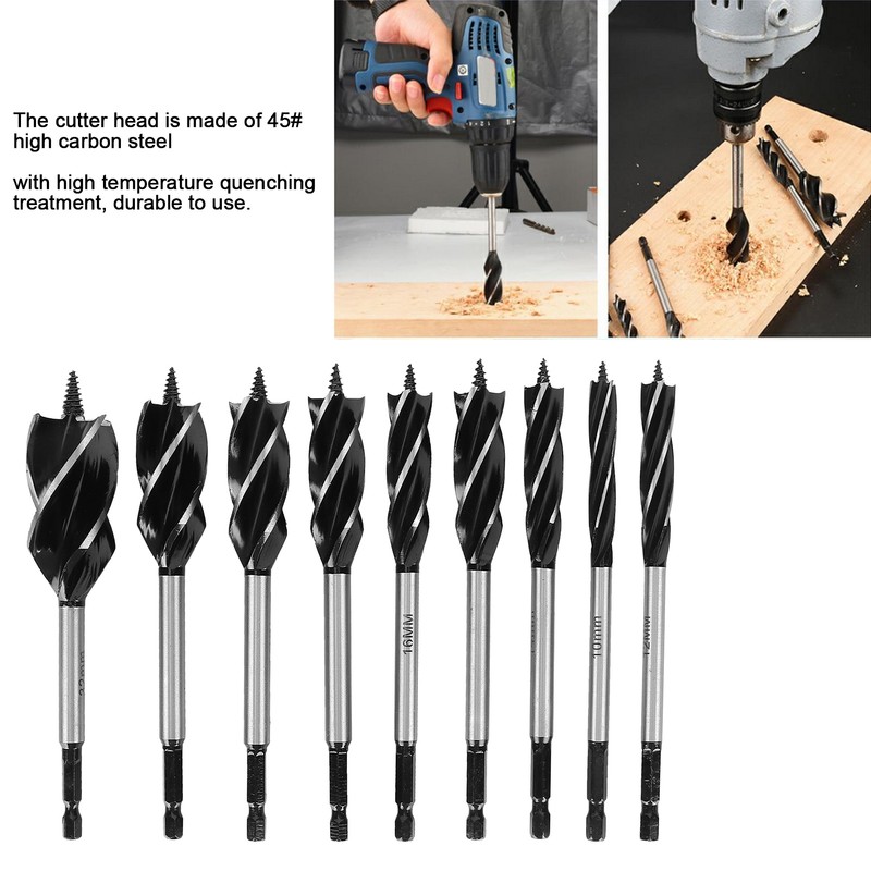 9pcs Wood Drill Bit High Carbon Steel 4-Fulte 4-Slot Hex