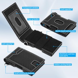 FUNGORGT Slim Wallet for Men, Smart Wallet with RFID Blocking - Men's Wallet Minimalist Passport Credit Cards Holder Pop-up Aluminum Wallet Holder, Carbon Fiber Leather Wallet 10 Cards Capacitiy