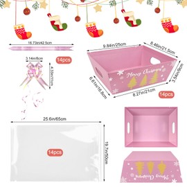 EYUNSTAR 42 Pack Christmas Baskets for Gifts Empty, 14 pcs Pink Christmas Gold Christmas Tree Gift Boxes with Clear Basket Bags and Pull Bows Cute Basket for Xmas Holiday Birthday Party Wedding