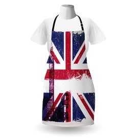 Ambesonne Union Jack Apron, Grungy Aged UK Flag Big Ben Double Decker Country Culture Historical Landmark, Unisex Kitchen Bib Apron with Adjustable Neck for Cooking Baking Gardening, Multicolor