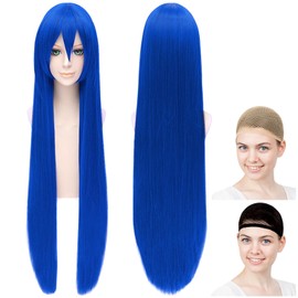 CaseEden 6018 Premium Cosplay Wig, Smooth, Straight Long, 39.4 inches (100 cm), Blue, Blue Hair