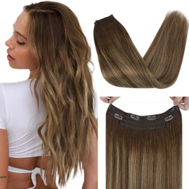 Sunny Fishing Line Hair Extensions Human Hair Brown Balayage Blonde Invisible Wire Hair Extensions Remy Human Hair Chocolate Brown Mix Caramel Blonde Extensions Fish Line 80g 16inch