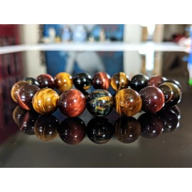 RAYON Red Blue Yellow Tiger Eye Bracelet Men Stretch 12mm 7", 7.5", 8", 8.5"