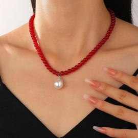 Inateannal Red Pearl Necklace Choker Necklace Drop Beads Pendant Necklace Pearl Strand Necklaces Gemstone Round Beads Necklaces Jewellery for Women, Zinc, No Gemstone