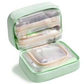 Veki Travel Makeup Bag, Large Capacity Double Opening Cosmetic Bags, Waterproof Make Up Bag with Removable Toiletry Bag, Makeup Organizer Bag with Adjustable Detachable Brush Holder (Green)