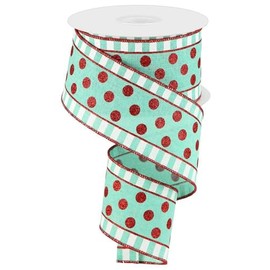 RG Ribbon Glitter Stripes and Polka Dots with Wired Edges, 2.5" Inches x 10 Yards - Dark Mint Green, Red, White - Christmas Wreaths, Bows, Crafts, and Decorations