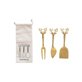 Creative Co-Op Reindeer Handle Brass Cheese Knives, Brass, Set of 3