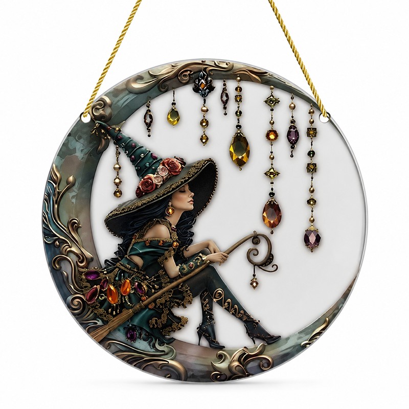 Moonlight Witch Acrylic Sun Catcher – 8-Inch Stained Glass Style