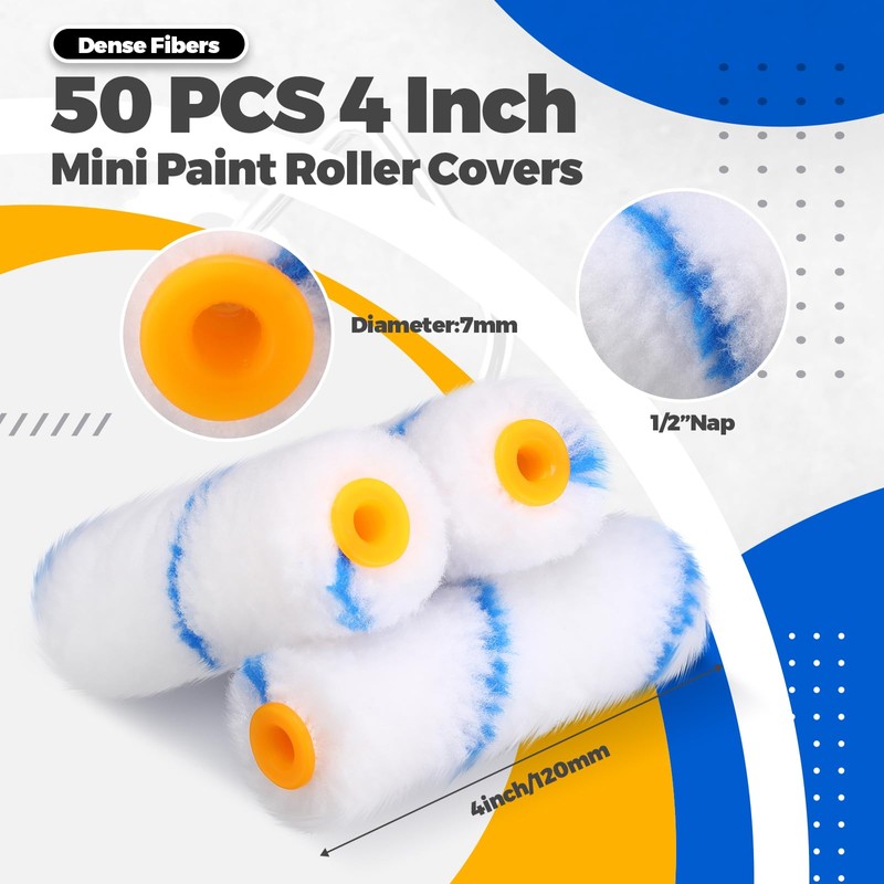 Leumoi 50 Pcs 4 Inch Microfiber Mini Paint Rollers High