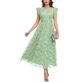DEARMSROSE Women's Casual Tulle Midi Dress Ruffle Sleeve Crewneck Lace Flowy Dresses Party Wedding Guest Sundress（Large,Light Green）