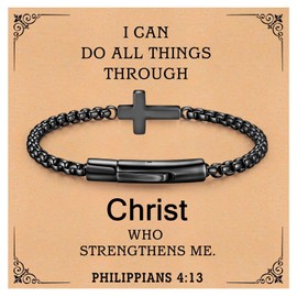 Black Cross Bracelet for Men : Waterproof Stainless Steel Christian Bracelets,Men's Link Chain with Cross,Religious Catholic Jewelry Gifts for Him Husband Boyfriend Dad Son Christmas Birthday Baptism