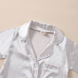 fyclemt Toddler Baby Girl Boy Silk Pajamas Set Solid Color Short Sleeve Button Down Shirts Top Shorts Satin Pj Sleepwear Lounge Sets (Silver, 3-4 Years)