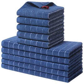 Homaxy Kitchen Towels and Dishcloths Set, 12 x 12 and 13 x 28 Inches, Set of 10 Bulk Cotton Terry Kitchen Towels Set, Checkered Designed, Soft and Super Absorbent Dish Cloths, Navy Blue