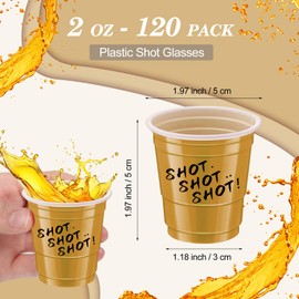 cssopenss 120 pcs gold Plastic Shot Glasses 2 oz gold party cups gold shot glasses disposable 2 oz for drinking Tastings served Snacks Jello Tastings and Samples
