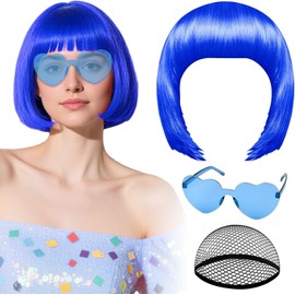 Pelucas Sintéticas para Mujer, Peluca Corta de Bob con flequillo, gafas corazón y redecilla, Pelucas coloridas para cosplay y fiestas, Halloween y carnaval, natural como cabello real (Azul oscuro)