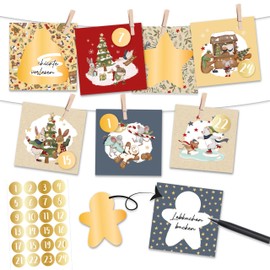Papierdrachen Scratch Calendar, Winter Animals, Advent Calendar, to Fill in and Give as a Gift, Enter Messages, for Vouchers, Puzzles and Tasks, Includes Wooden Pegs and Cord, Set 04