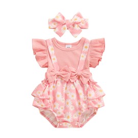 Afunbaby Baby Girl Clothes 3 6 9 12 18 Months Newborn Ruffle Butt Onesie Romper Daisy Overalls Jumpsuit Summer Outfit (Pink, 12-18 Months)