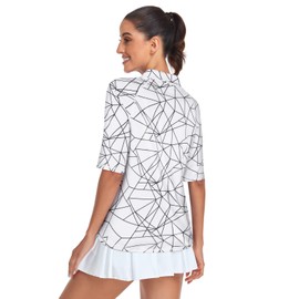 Misyula Elbow Sleeve Golf Shirts for Women,1/4 Zip Polo Neck Athletic Tops Quick Dry Sun Protection Tennis Yoga Running Cycling Casual Active Wear Outfits,Geometry White,3XL