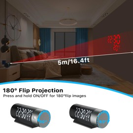 Projection Alarm Clock, Digital Projection Alarm Clock with Temperature and Humidity, 180° Projection Clock with Snooze, Dual Alarm, 12/24H, Night Mode, Adjustable Brightness for Home, Bedroom, Office