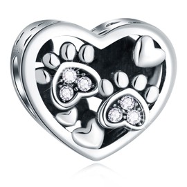 CRISNATA Puppy Dog Paw Print Charms with Brithstone Crystal, 925 Sterling Silver Pawprint Heart Bead, Fits European Animal Bracelet Necklace, Gifts for Mum / Best Friend, Sterling Silver Cubic