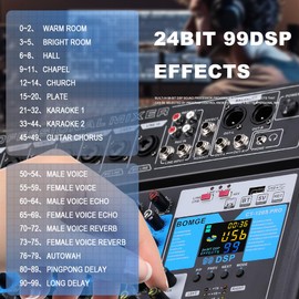 BOMGE Professional Mixer Sound Board Console 12 Channel Desk System w/USB Audio Interface USB-B Recording, BT Function, 99 DSP Effects, 48V Phantom Power Stereo DJ Studio FX Steel (12Channel-99DSP)