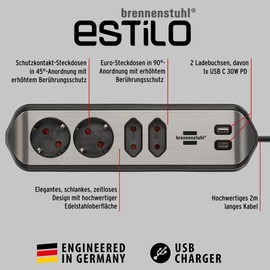 brennenstuhl® Estilo Corner Socket Strip 4-Way with USB A and USB C PD 30 W (Table Socket for Kitchen and Office, Corner Socket with 2 x Earthed Contact Sockets, 2 x Euro Sockets) Silver/Black