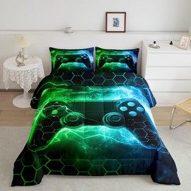 Feelyou Kids Boys Green Gamer Bedding Set Twin Size, Honeycomb Gaming Comforter Set Lightning Gamepad Comforter Game Room Decor Duvet Set with 1 Pillow Case Decor Quilt Set Bedding Collection