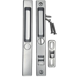 Sliding Glass Patio Door Lock Handle Set, Non-Keyed, Flush Mount, with Nite Lock, C Cam, and Keeper, 6-9/16" Screw Hole | Sliding Door Handle Replacement Hardware Repairs (Chrome)
