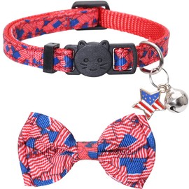 Lamphyface American Flag Cat Collar with Bell Bow Tie Star Breakaway Adjustable for 4th of July Independence Day