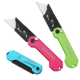 WORKPRO 3-Pack Folding Utility Knife, Razor Blade Knife with Safety Axis Lock, Quick Change Blade Box Cutter, EDC Pocket Knife with Belt Clip