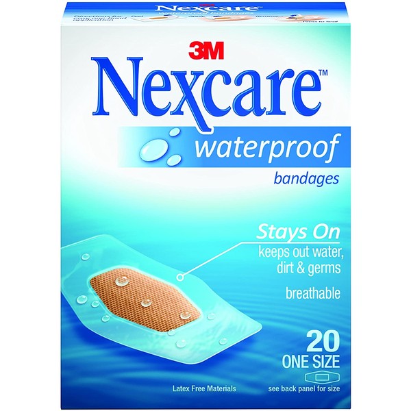 Nexcare Waterproof Bandages, Hypoallergenic, Clear, 1.06" x 2.25", One Size, Brown, 20 Count